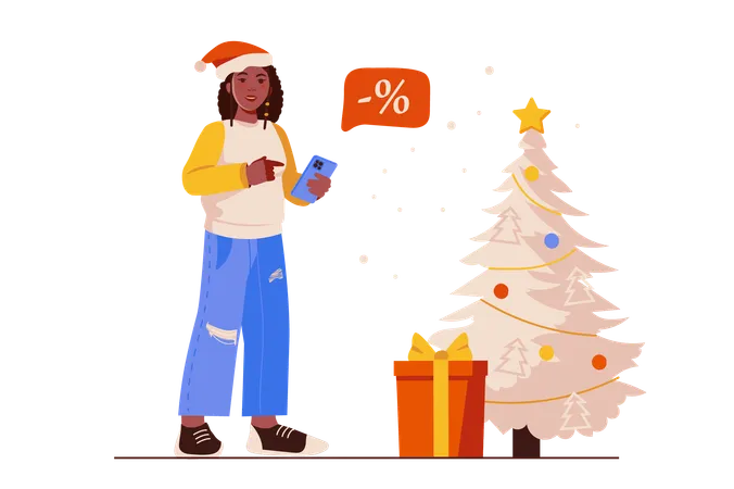 Jovem aproveitando a oportunidade para comprar presentes com descontos de Natal  Ilustração