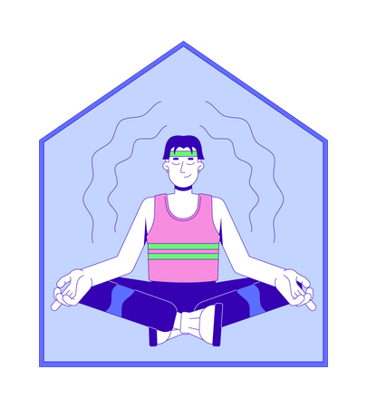 Jovem asiático de regata meditando em casa tranquila  Illustration