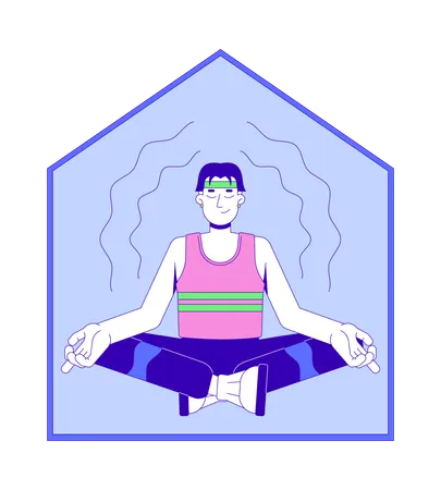 Jovem asiático de regata meditando em casa tranquila  Illustration