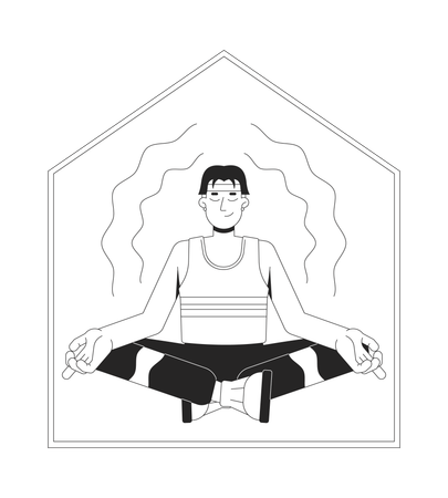 Jovem asiático de regata meditando em casa tranquila  Illustration