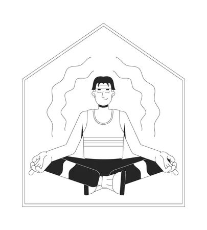 Jovem asiático de regata meditando em casa tranquila  Illustration