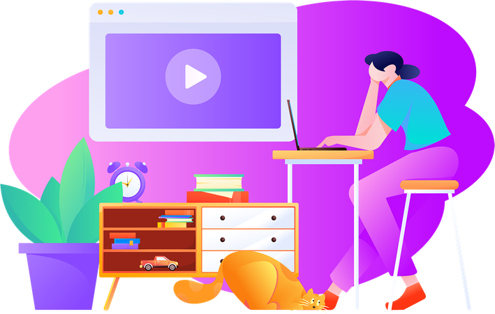 Jovem assistindo vídeo online no laptop em casa  Ilustração