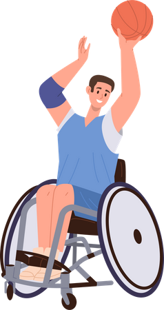 Jovem atlético sentado em cadeira de rodas jogando basquete  Ilustração