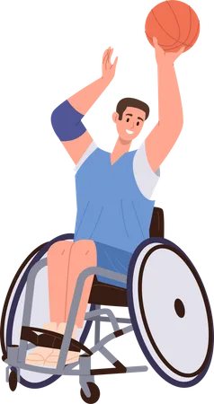 Jovem atlético sentado em cadeira de rodas jogando basquete  Ilustração