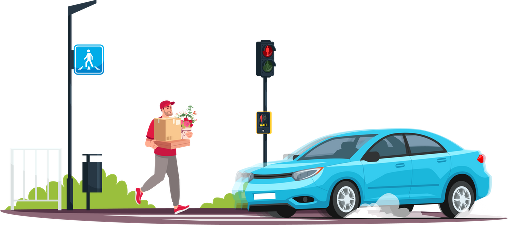 Jovem atravessando a estrada no sinal vermelho enquanto um carro está chegando  Ilustração