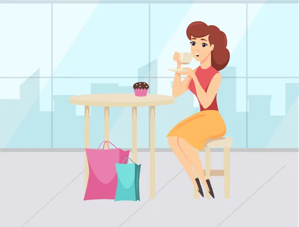 Menina tomando café depois das compras  Ilustração