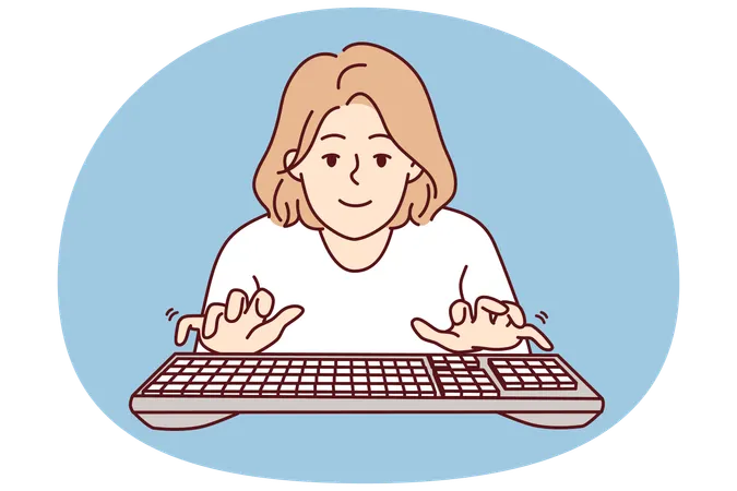 Jovem blogueira digitando no teclado olha para a tela enquanto digita mensagem de e-mail  Ilustração