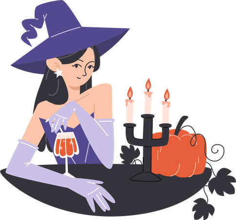 Jovem bruxa de chapéu bebendo coquetel alcoólico à luz de velas  Ilustração