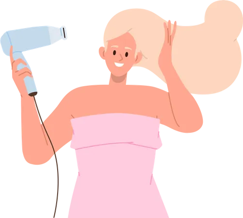 Penteado jovem secando o cabelo molhado com secador  Ilustração