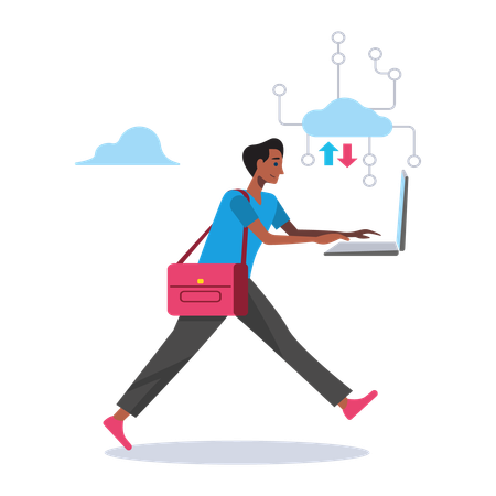 Jovem caminhando e trabalhando em dados na nuvem  Ilustração