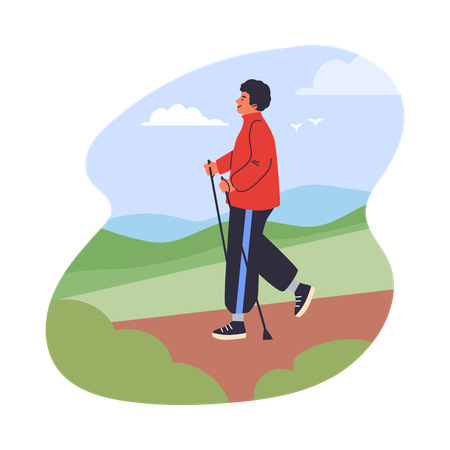 Jovem caminhando com bengala enquanto faz trekking  Ilustração