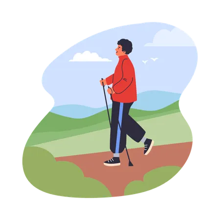 Jovem caminhando com bengala enquanto faz trekking  Ilustração
