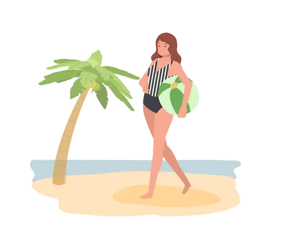 Mulher Andando Na Praia Com Uma Bola De Praia Ilustracao Vetorial Plana Ilustração