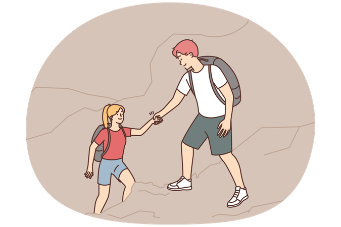 Jovem atencioso escalando montanha dá uma mãozinha para ajudar amiga  Ilustração