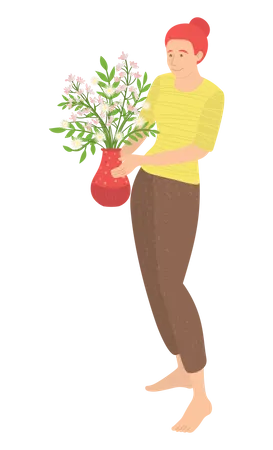 Jovem carrega vaso de flores  Ilustração