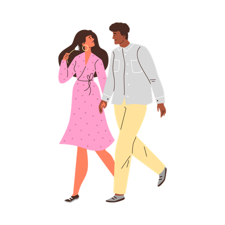 Jovem casal apaixonado caminhando de mãos dadas  Ilustração