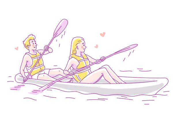 Jovem casal apaixonado viajando em um barco no rio  Ilustração
