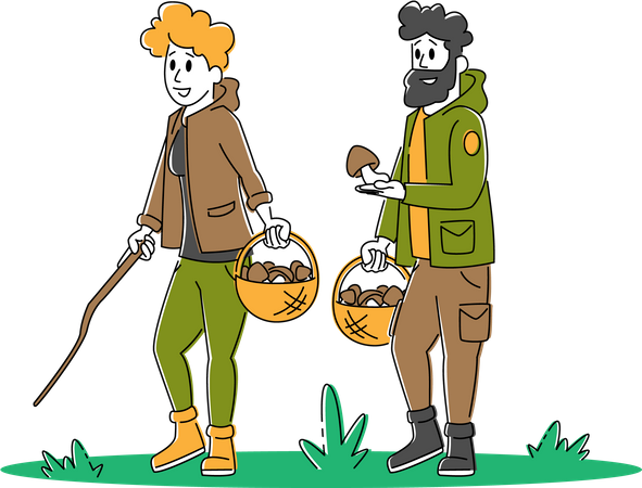 Jovem casal caminhando pelas montanhas e coletando cogumelos  Ilustração