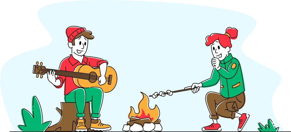 Jovem casal cantando música e fritando marshmallow no acampamento  Ilustração