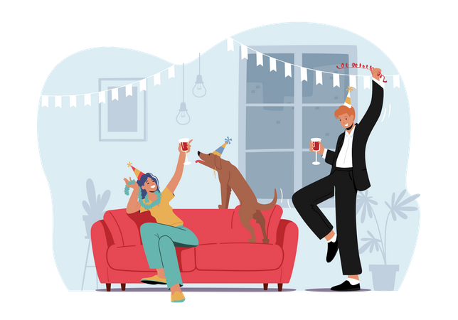 Jovem casal comemora festa em casa com cachorro engraçado bebendo coquetéis ou álcool  Ilustração