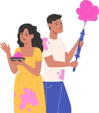 Casal jovem comemorando holi  Ilustração