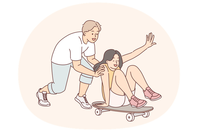 Jovem casal se diverte no parque de skate aproveitando o prazer de relaxar juntos e andar de skate  Ilustração
