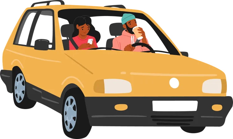 Jovem casal de família andando de carro aproveitando a aventura da viagem  Illustration