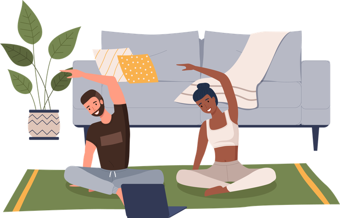 Jovem casal fazendo yoga em casa  Ilustração