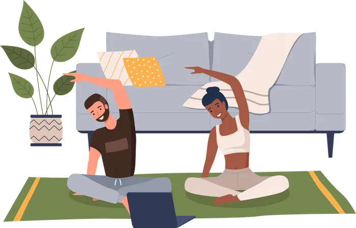 Jovem casal fazendo yoga em casa  Ilustração