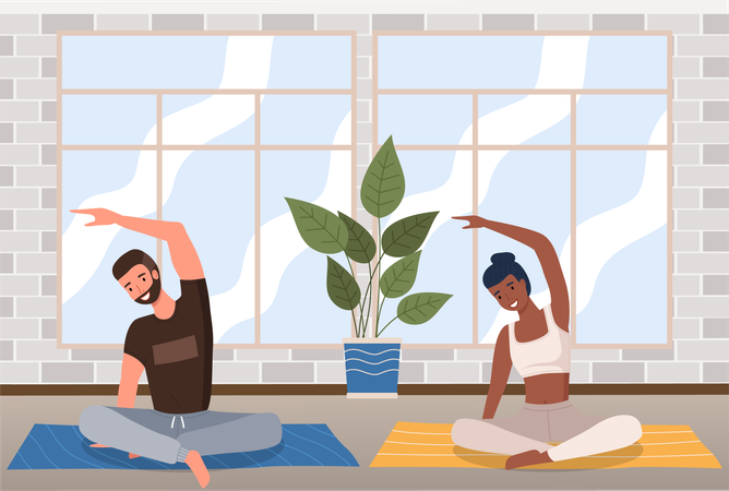 Jovem casal fazendo yoga em casa  Ilustração