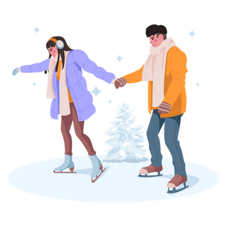 Jovem casal patinando  Ilustração