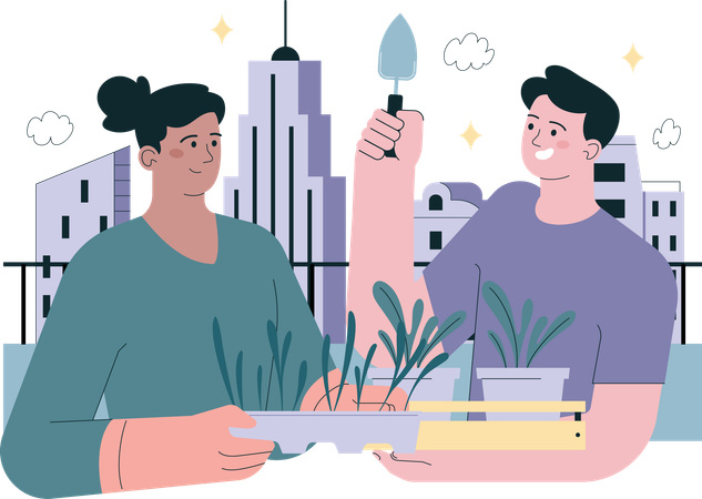 Jovem casal plantando no terraço  Ilustração