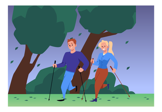 Jovem casal praticando caminhada nórdica com bastões na floresta em dia nublado  Ilustração