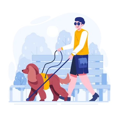 Jovem cego andando com cachorro  Ilustração