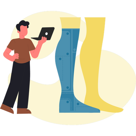 Jovem verificando perna artificial  Ilustração