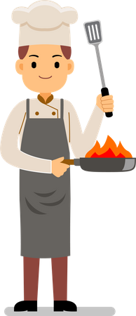 Jovem chef cozinhando na frigideira  Ilustração