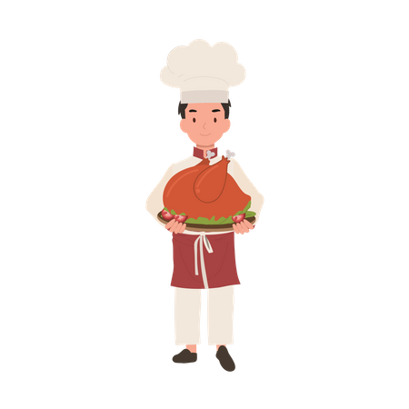 Jovem chef com chapéu de chef e avental está servindo peru assado inteiro  Ilustração