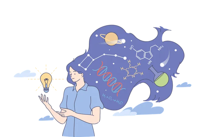 Cientista jovem em pé com lâmpada e símbolos químicos no cabelo tendo ocupação como química experimental  Ilustração