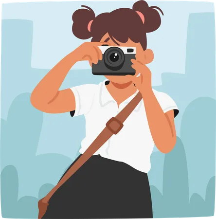 Personagem de jovem estudante capturando momentos com uma câmera fotográfica  Ilustração