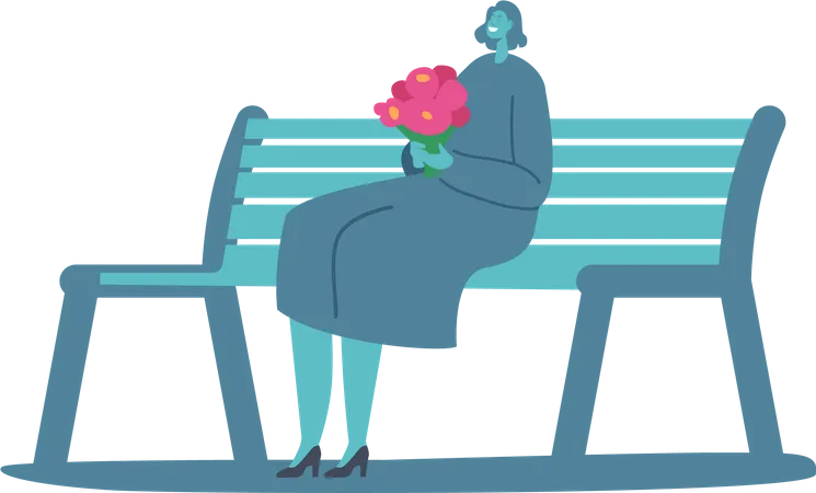 Mulher jovem com buquê de flores nas mãos, sentada no banco. Personagem feminina feliz em um encontro romântico no parque da cidade  Ilustração