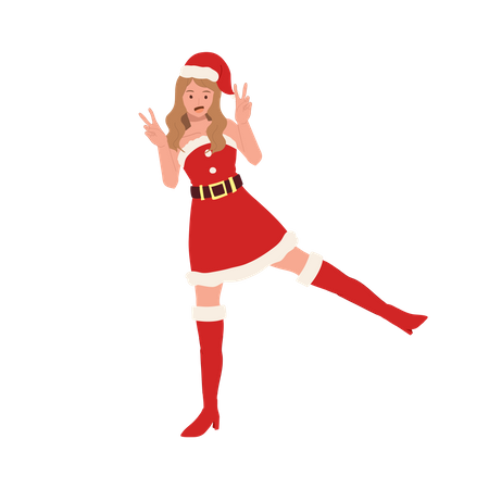 Mulher jovem fantasiada de Papai Noel e fazendo pose  Ilustração