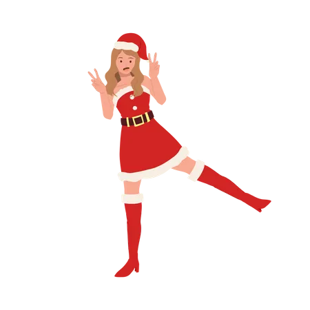 Mulher jovem fantasiada de Papai Noel e fazendo pose  Ilustração