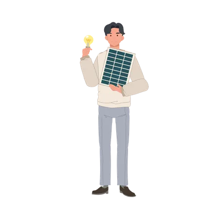 Jovem com painel de célula solar e lâmpada para mostrar energia limpa  Ilustração