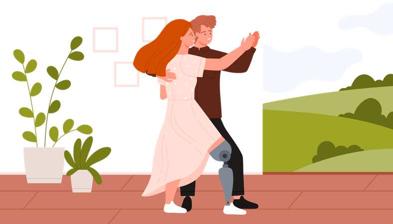 Jovem com perna protética e homem dançando dança romântica moderna na sala de casa  Ilustração