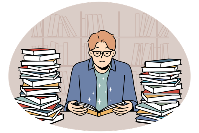Jovem com pilha de livros lendo e estudando  Ilustração