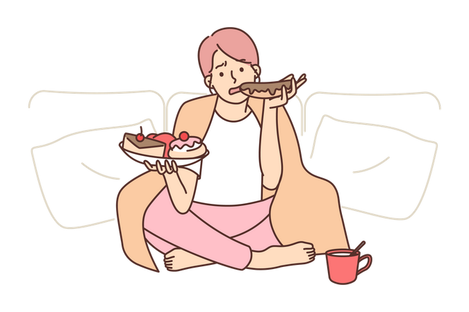 Jovem comendo comida de sobremesa  Ilustração