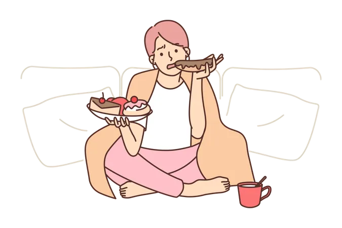 Jovem comendo comida de sobremesa  Ilustração