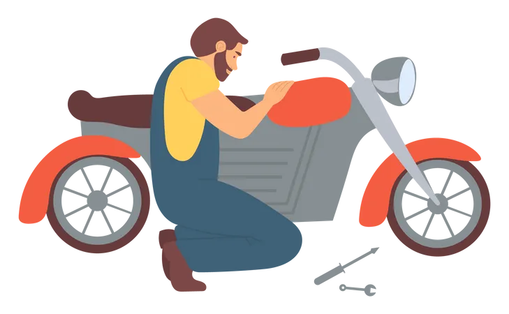 Jovem consertando moto sozinho  Ilustração
