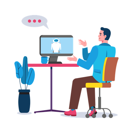 Jovem conversando com robô no computador  Ilustração