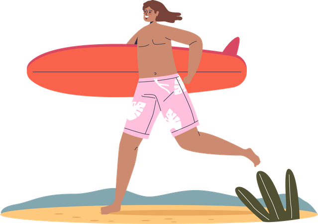 Jovem corre segurando uma prancha de surf  Ilustração
